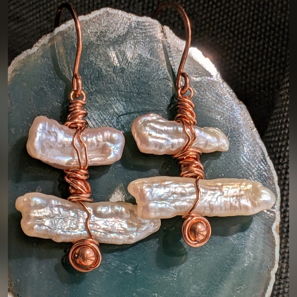 Biwa Pearl Earrings Artisan Copper Wrap Lightweight Coastal Style - Picture 10 of 14